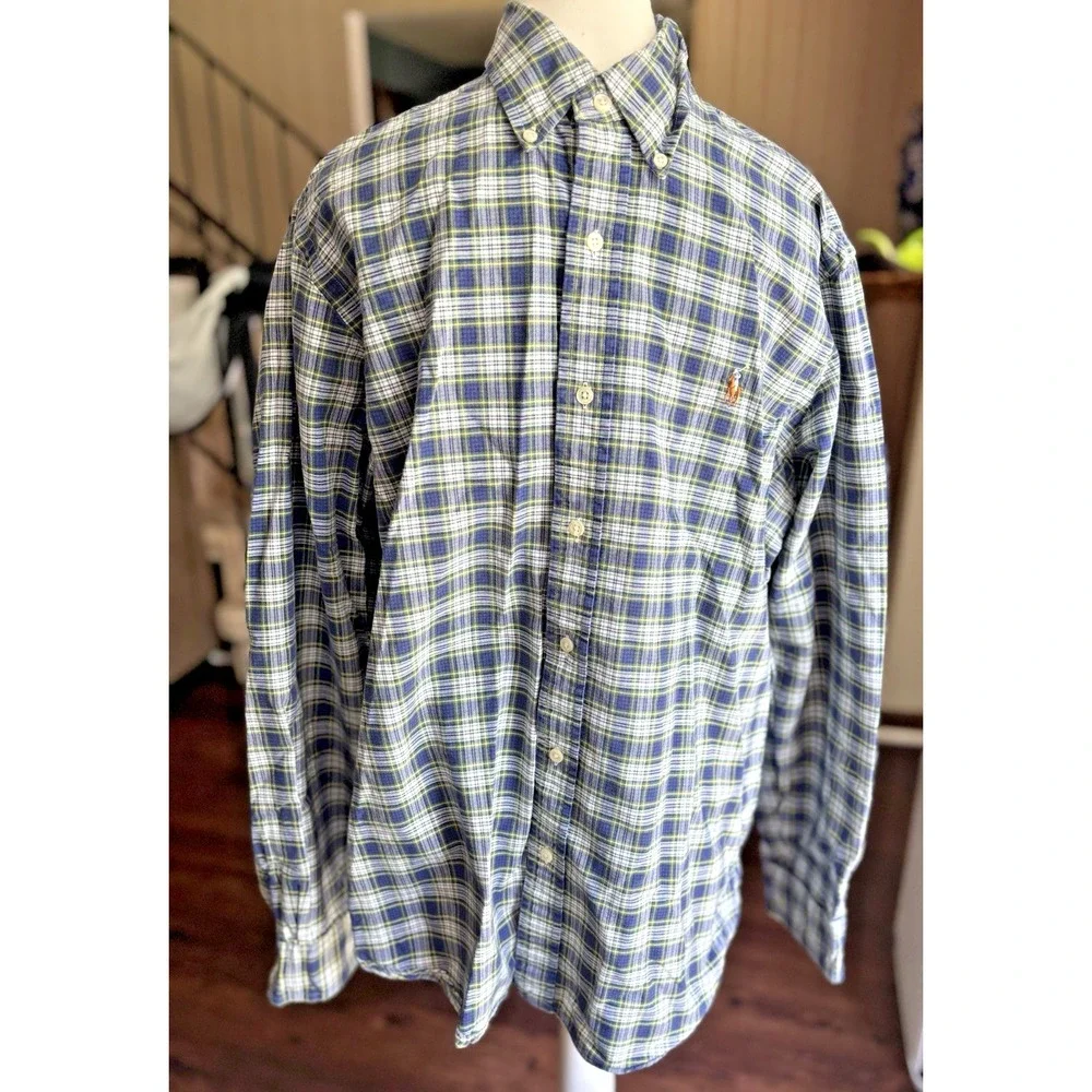 Ralph Lauren Shirt Men L Blue Plaid Long Sleeve Flesh‎ Pony Preppy Classic Fit
